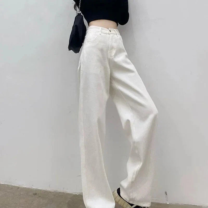 Drune | Herbst Frühling Jeans Frauen Denim Hosen Vintage Gerade Hosen Mode Female Weiße Schwarze Einfarbige Lockere Entspannte Weite Bein Hosen