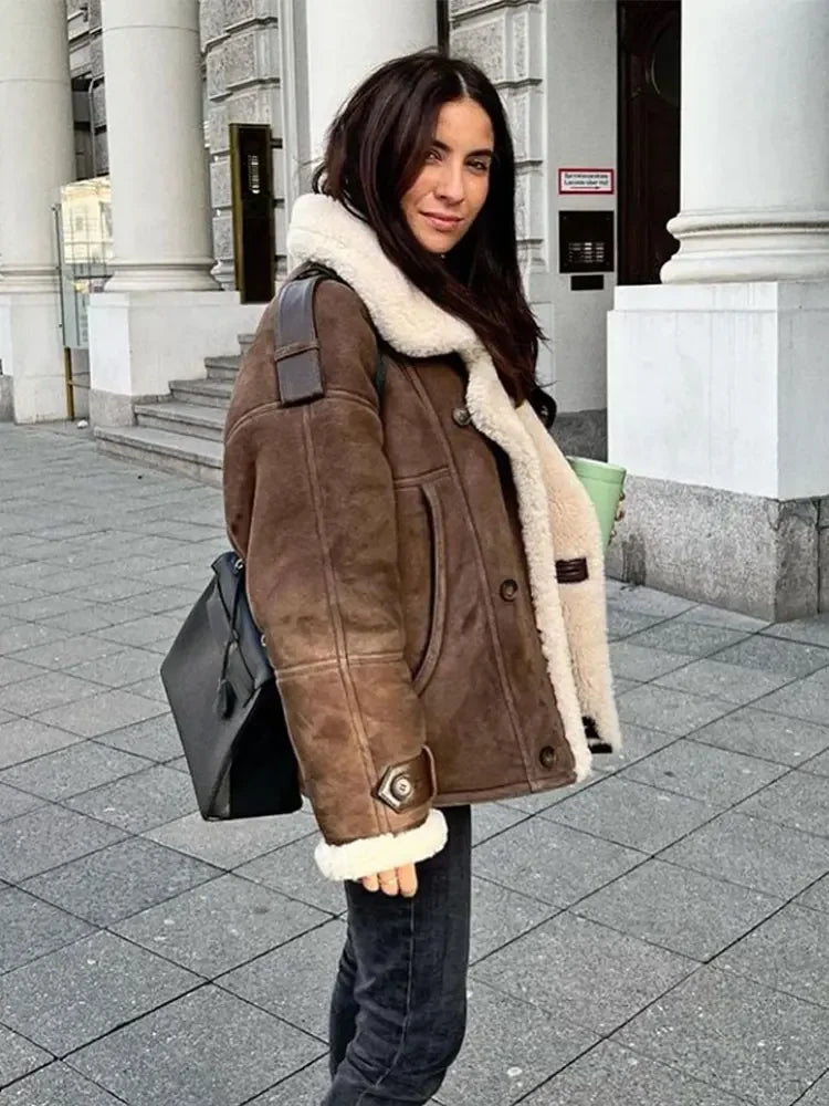 Drune | Suedette Fleece Gefüttert Jacke mit Sherpa Pilotinnenjacke