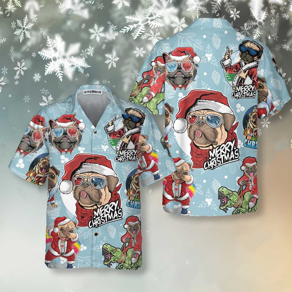 Drune | Toller Xmas Pug Party Weihnachts Pug Hawaii Hemd, Lustiges Weihnachtsgeschenk für Pug Liebhaber