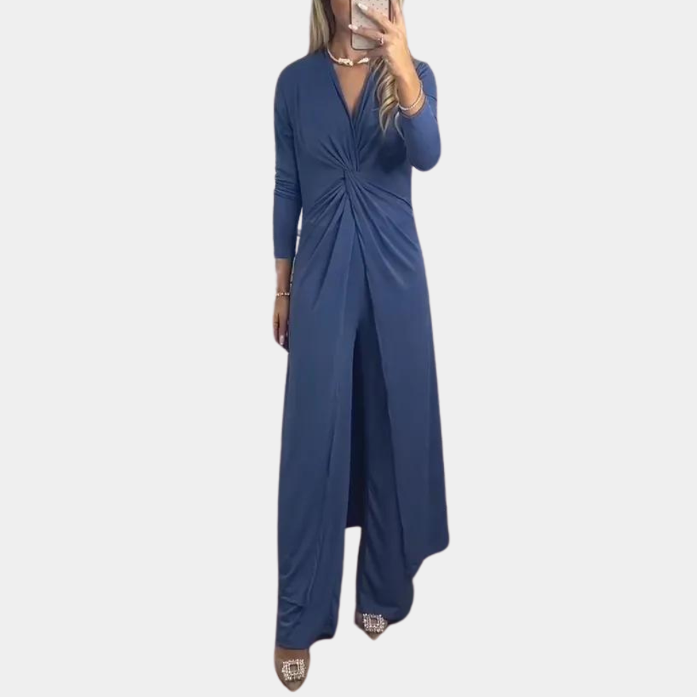 Drune | Damen Jumpsuit mit Maxi-Overlay - Abendmode mit V-Ausschnitt und Raffungen