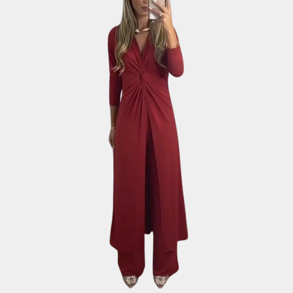 Drune | Damen Jumpsuit mit Maxi-Overlay - Abendmode mit V-Ausschnitt und Raffungen