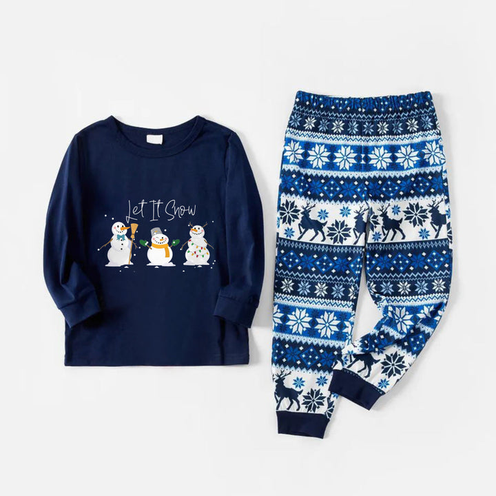 Drune | Fröhliche blaue Weihnachts-Pyjama-Set mit Schneemann und Cheer-Textdrucken
