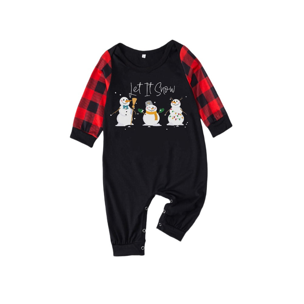 Drune | Rotes und schwarzes karierter Weihnachts-Pyjama-Set mit Schneemann- und Slogan-Designs
