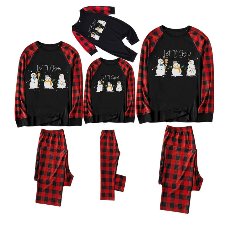 Drune | Rotes und schwarzes karierter Weihnachts-Pyjama-Set mit Schneemann- und Slogan-Designs