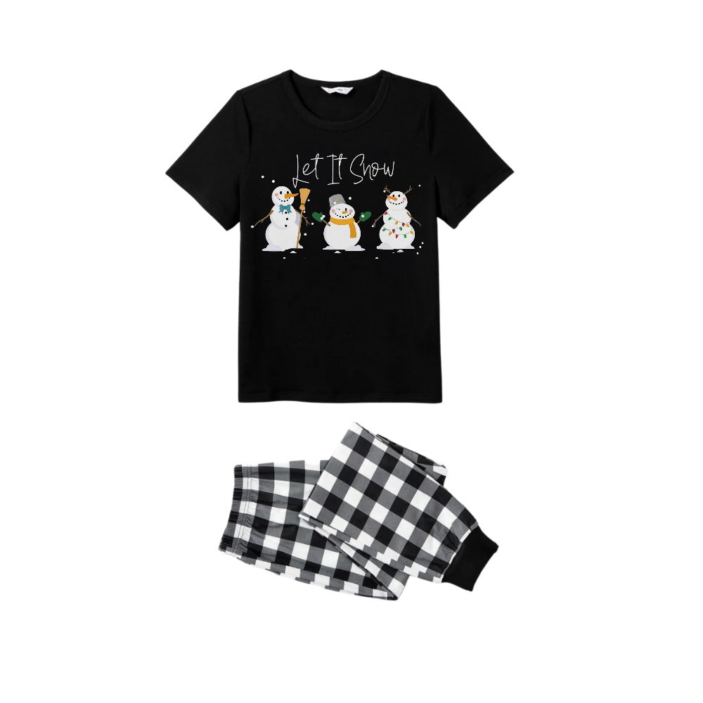 Drune | Schwarz-Weiß kariertes kurzärmeliges Weihnachts-Pyjama-Set mit Schneemann- und Cheer-Textdrucks