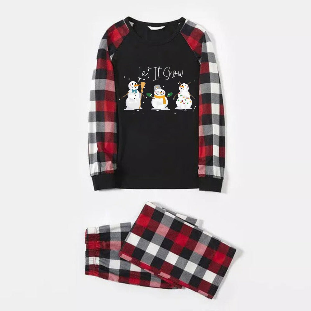 Drune | Weihnachtsfamilien-Matching-Pyjamas - Roter und grauer Karomuster-Pyjama-Set mit "Let It Snow" und weihnachtlichem Schneemann-Muster farbenfroher Druck