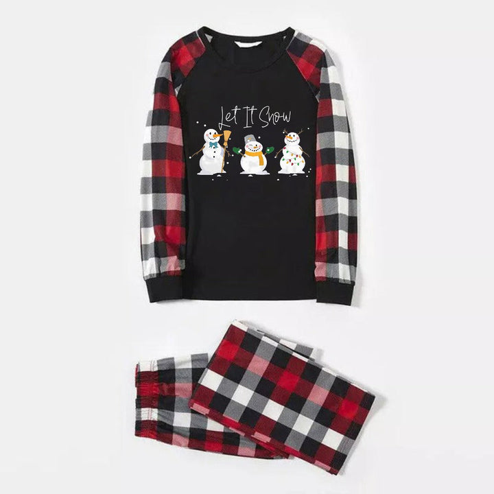 Drune | Weihnachtsfamilien-Matching-Pyjamas - Roter und grauer Karomuster-Pyjama-Set mit "Let It Snow" und weihnachtlichem Schneemann-Muster farbenfroher Druck