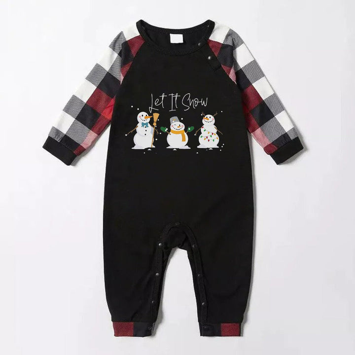 Drune | Weihnachtsfamilien-Matching-Pyjamas - Roter und grauer Karomuster-Pyjama-Set mit "Let It Snow" und weihnachtlichem Schneemann-Muster farbenfroher Druck