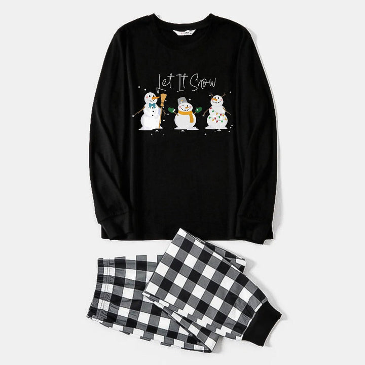 Drune | Schwarz-weißer karierter Weihnachts-Pyjama-Set mit Schneemann und "Let It Snow" Cartoon-Druck