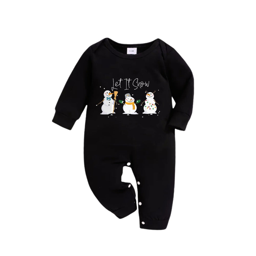 Drune | Weihnachtsfamilien-Pyjamas im Partnerlook - Schwarzes Oberteil und grüne Karohosen-Set mit Schneemann und "Let It Snow" Druck