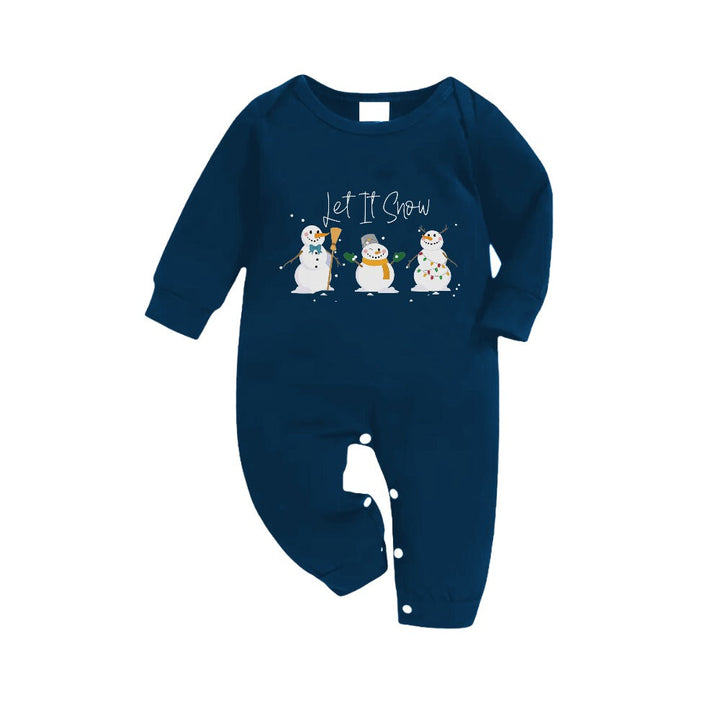 Drune | Weihnachtsfamilien passende Schlafanzüge - Marineblau & Himmelblau karierte Pjs Set mit "Lass es schneien" und Schneemann Muster Druck