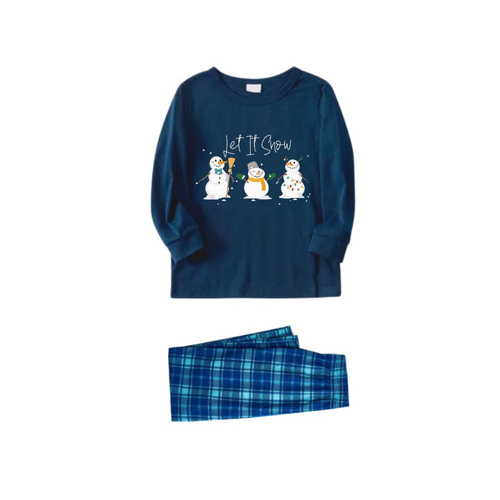 Drune | Weihnachtsfamilien passende Schlafanzüge - Marineblau & Himmelblau karierte Pjs Set mit "Lass es schneien" und Schneemann Muster Druck