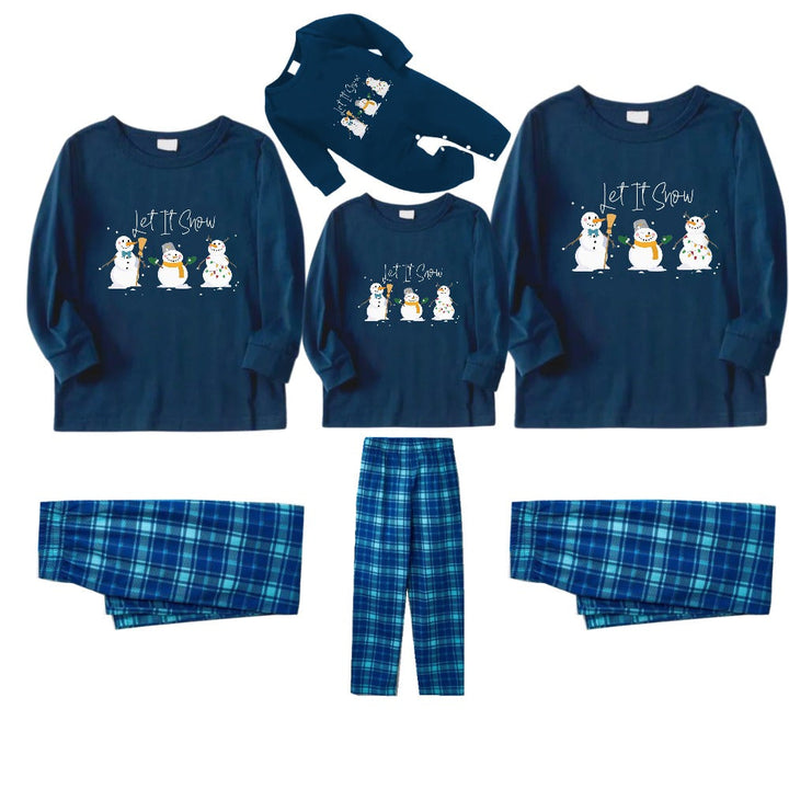 Drune | Weihnachtsfamilien passende Schlafanzüge - Marineblau & Himmelblau karierte Pjs Set mit "Lass es schneien" und Schneemann Muster Druck