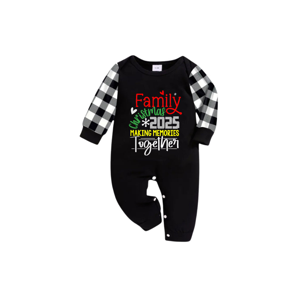 Drune | Schwarz und Weiß Karierter Kurzarm Weihnachts-Pyjama-Set mit Weihnachtsfreude-Textdruck