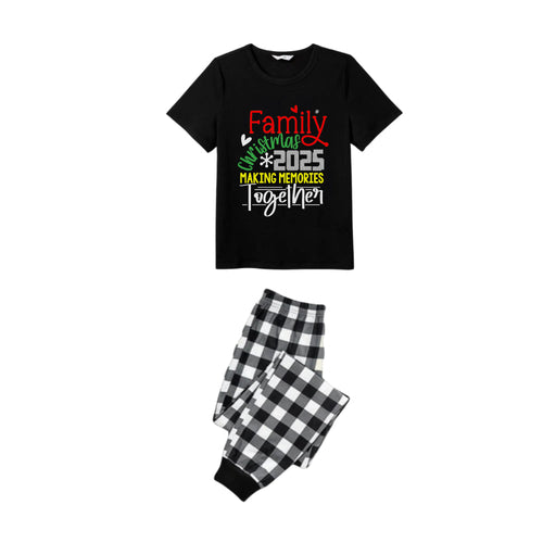Drune | Schwarz und Weiß Karierter Kurzarm Weihnachts-Pyjama-Set mit Weihnachtsfreude-Textdruck