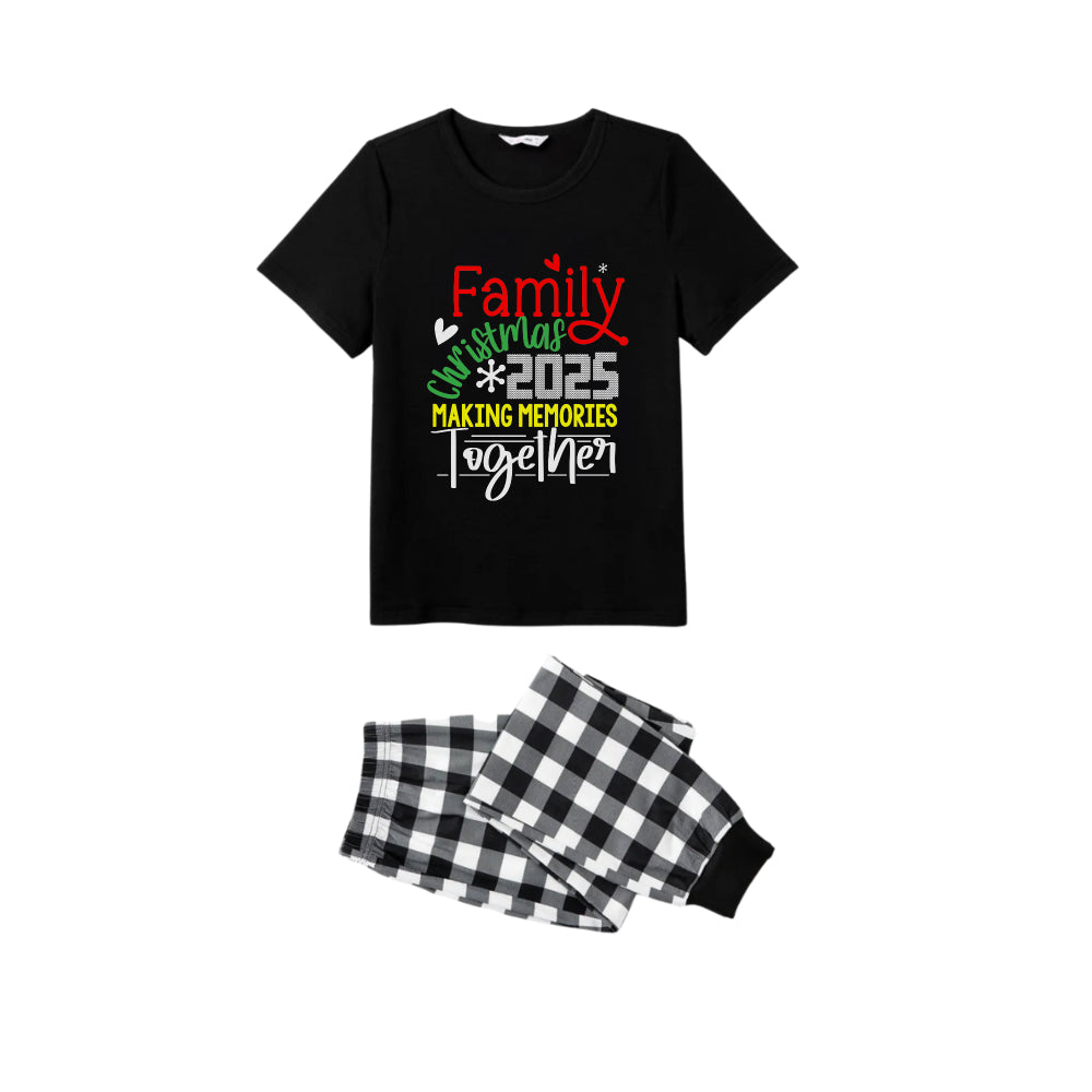Drune | Schwarz und Weiß Karierter Kurzarm Weihnachts-Pyjama-Set mit Weihnachtsfreude-Textdruck