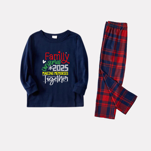 Drune | Weihnachtsfamilien-Pyjama-Set mit passendem Design - Navy & Rot Karierte PJs mit dem Slogan 
