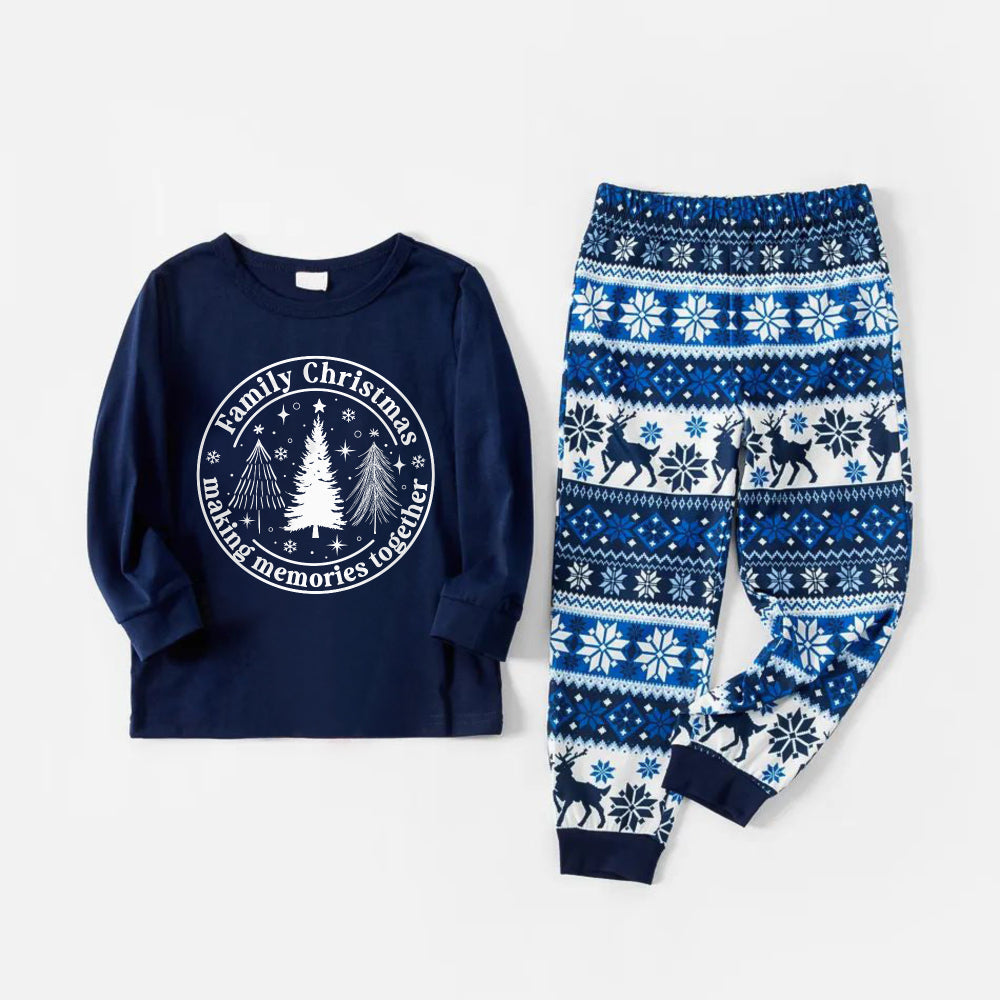 Drune | Fröhliches Blaues Weihnachts-Pyjama-Set mit Weihnachtsbaum- und Frohe Texte Drucke