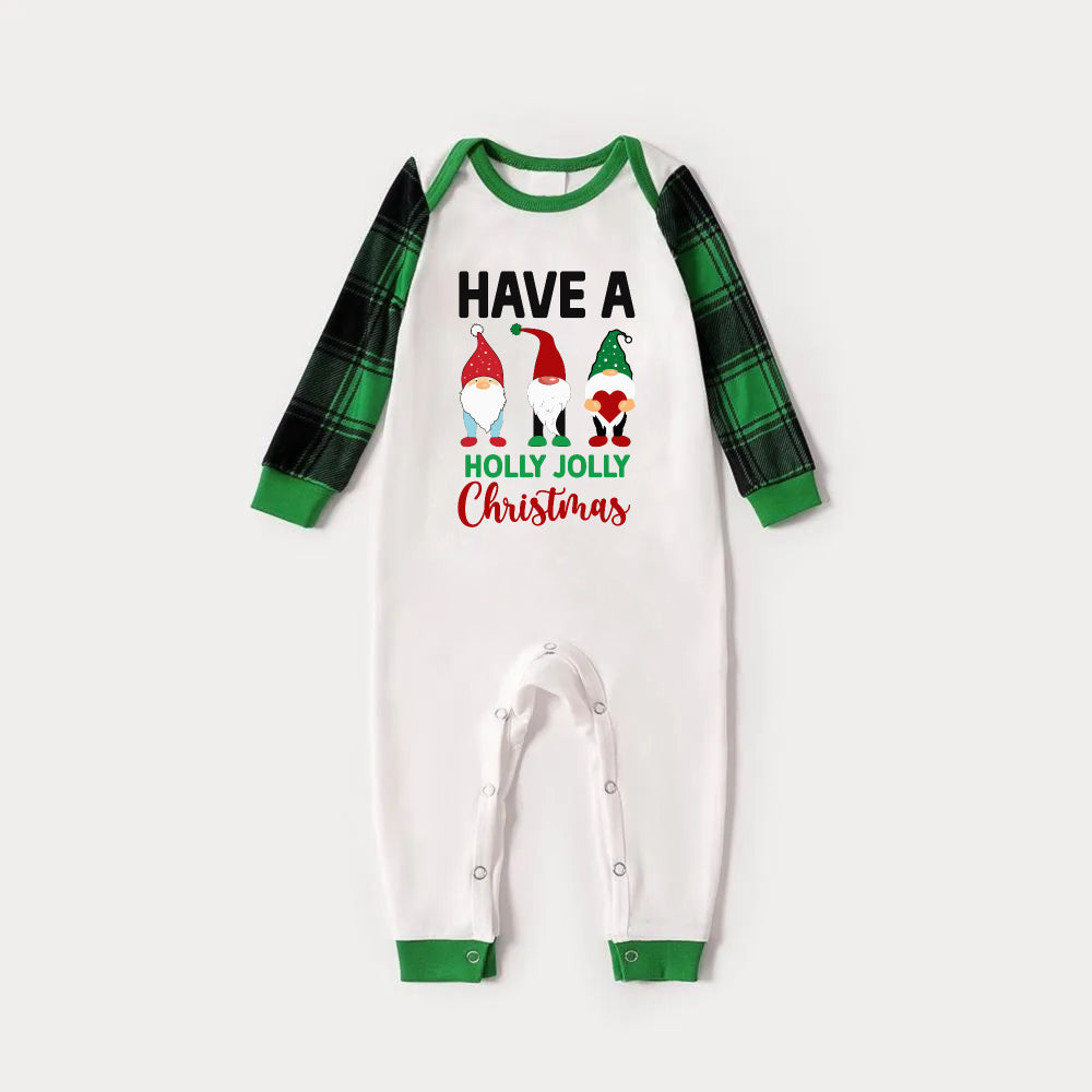 Drune | Grünes Raglan-Oberteil Grünes Karomuster Weihnachts-Pyjama-Set mit Gnomen und "HABE EINEN FROHEN WEIHNACHTSFEIERTAG"-Druck
