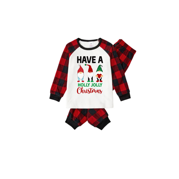 Drune | Rote und schwarze karierte Weihnachts-Pyjama-Set mit Gnomies Familie und "Have A Holly Jolly Christmas" Slogan Druck
