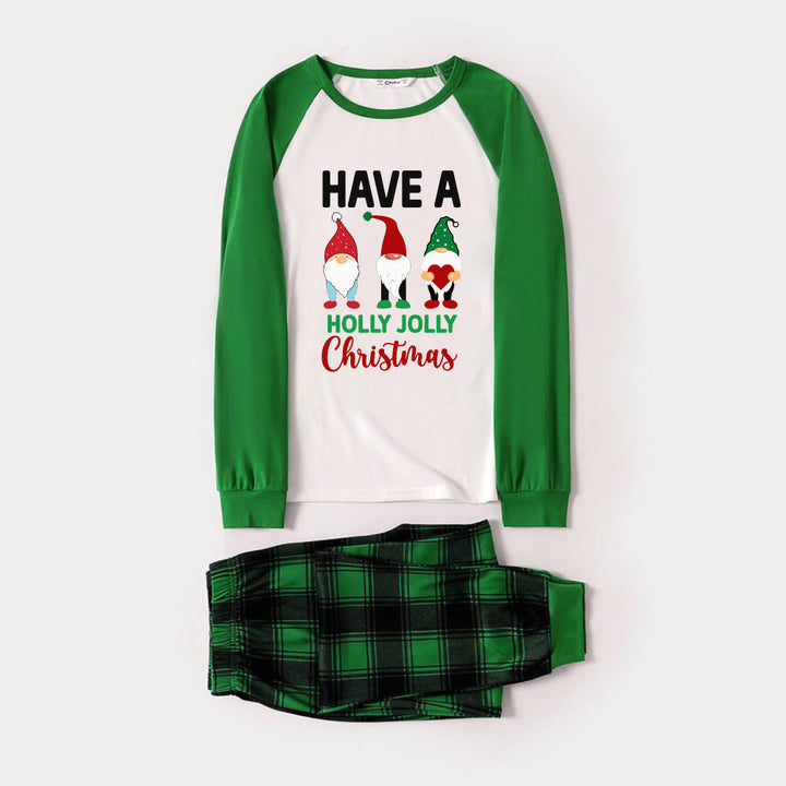 Drune | Grünes Raglan-Oberteil Grünes Karomuster Weihnachts-Pyjama-Set mit Gnomen und "HABE EINEN FROHEN WEIHNACHTSFEIERTAG"-Druck