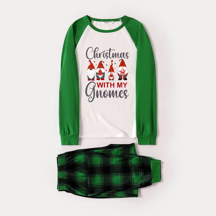 Drune | Grünes Raglan-Top Grünes Karomuster Weihnachts-Pyjama-Set mit "Weihnachten MIT MEINEN Gnome" Rot und Grau Cartoon-Muster Druck