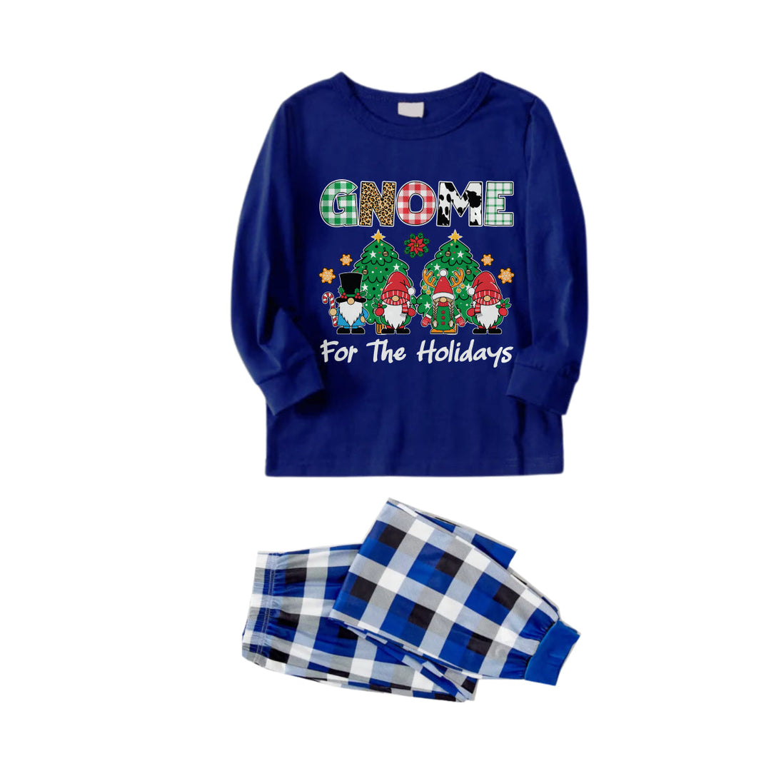 Drune | Weihnachtsfamilien passende Schlafanzüge - Marineblau & Weiß kariertes Pjs-Set mit "Gnome For The Holidays" Druck
