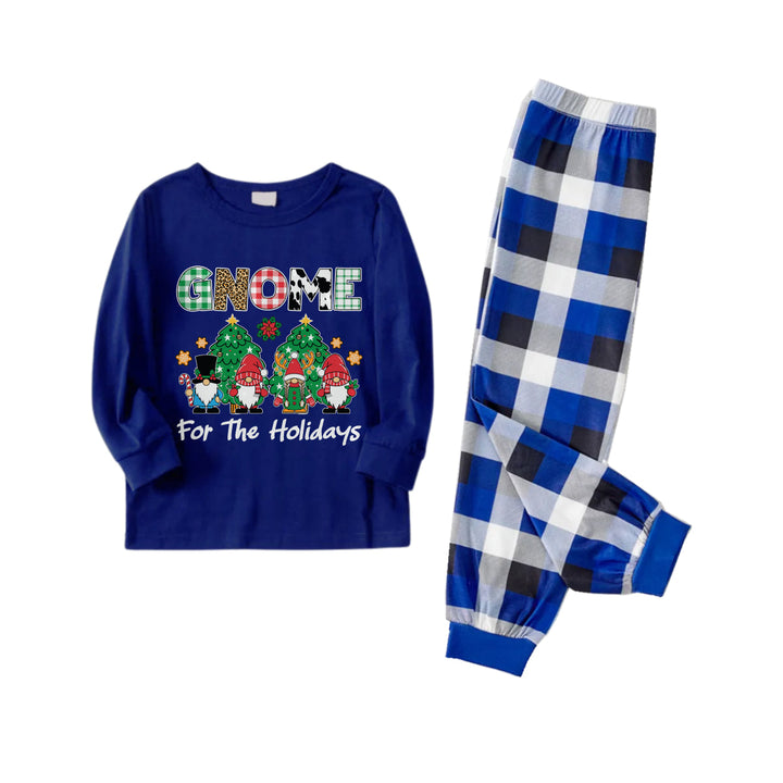 Drune | Weihnachtsfamilien passende Schlafanzüge - Marineblau & Weiß kariertes Pjs-Set mit "Gnome For The Holidays" Druck