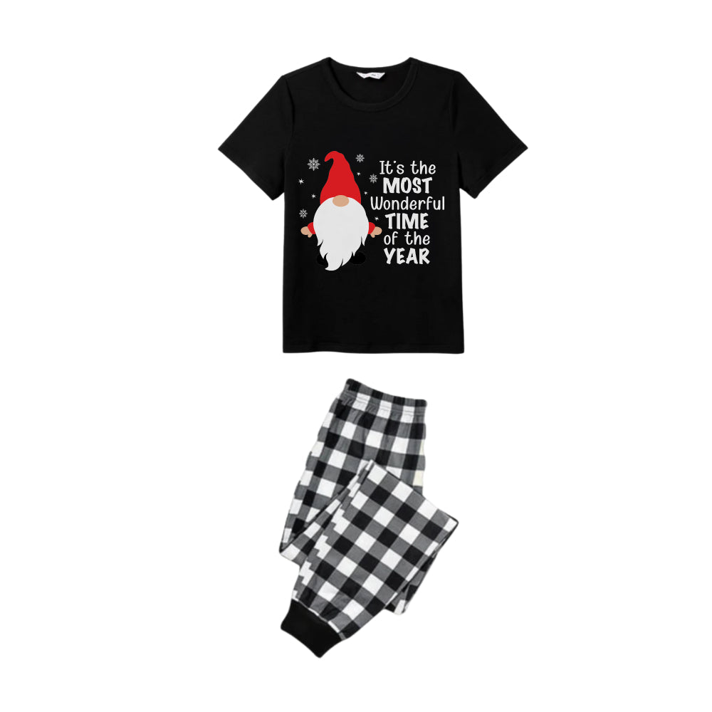 Drune | Schwarz-weiß kariertes Kurzarm-Weihnachtspyjama-Set mit Gnom und Weihnachtsmann-Zitaten