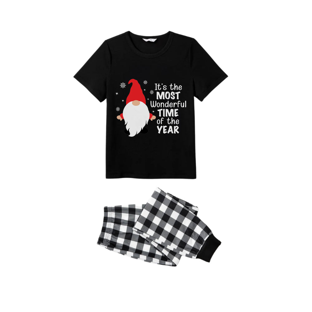Drune | Schwarz-weiß kariertes Kurzarm-Weihnachtspyjama-Set mit Gnom und Weihnachtsmann-Zitaten
