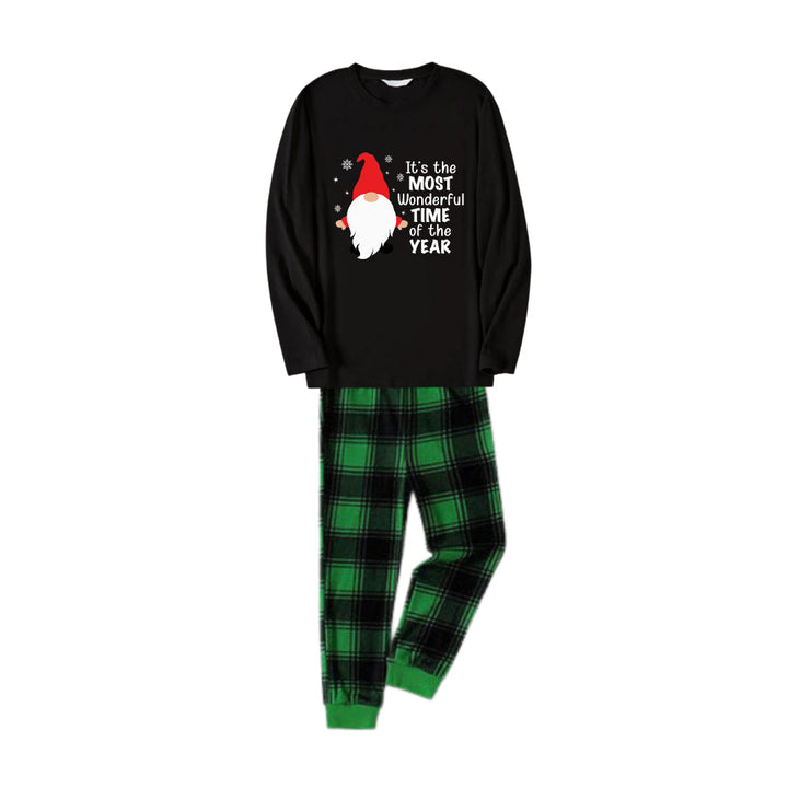 Drune | Weihnachtsfamilien-Pyjamas passend - Schwarzes Oberteil und grüne karierte Hose PJ-Set mit niedlichem Wichtel- und Weihnachts-Slogan-Print