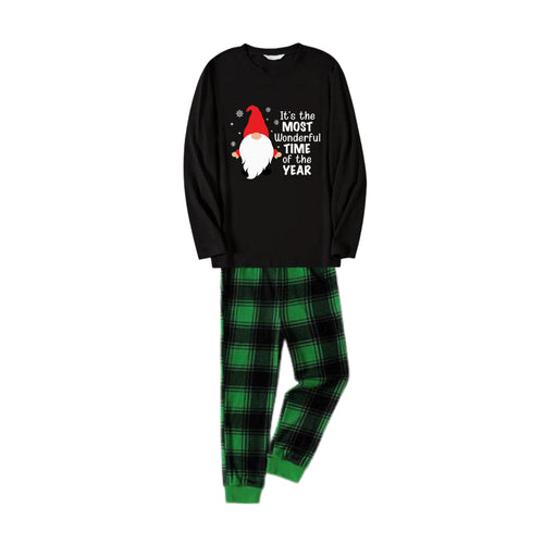 Drune | Weihnachtsfamilien-Pyjamas passend - Schwarzes Oberteil und grüne karierte Hose PJ-Set mit niedlichem Wichtel- und Weihnachts-Slogan-Print