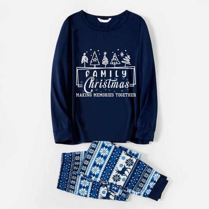 Drune | Fröhliche blaue Weihnachts-Pyjama-Set mit Baum- und Feiertagstext-Design
