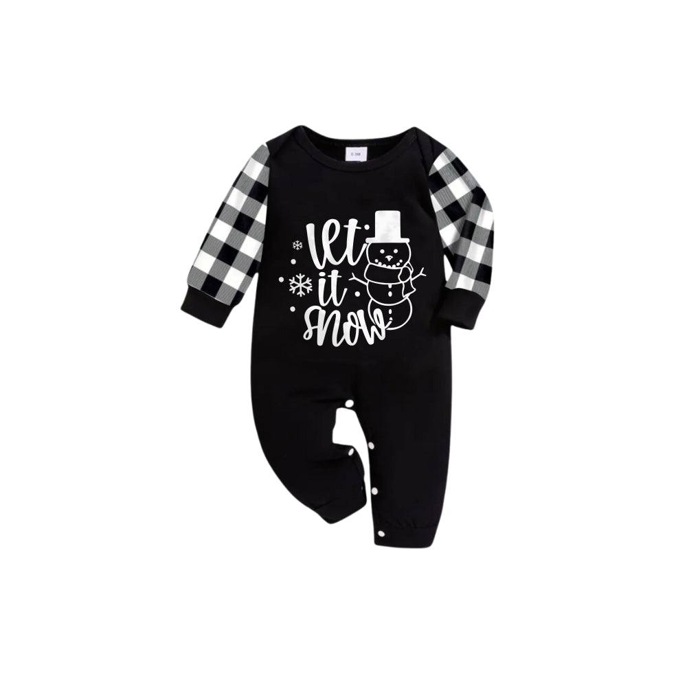 Drune | Schwarz und Weiß Karierte Kurzarm Weihnachten Schlafanzug Set mit Schneemann und Slogan Designs