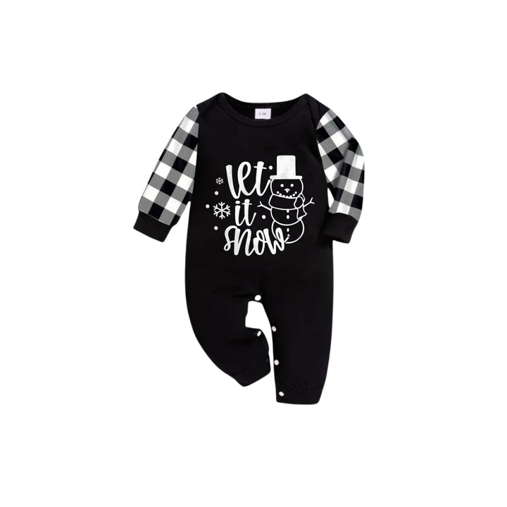 Drune | Schwarz und Weiß Karierte Kurzarm Weihnachten Schlafanzug Set mit Schneemann und Slogan Designs