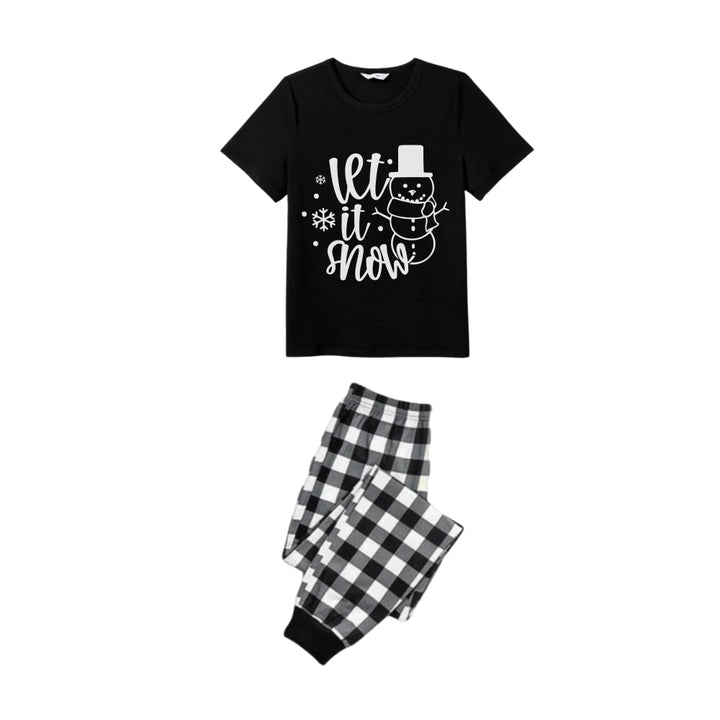 Drune | Schwarz und Weiß Karierte Kurzarm Weihnachten Schlafanzug Set mit Schneemann und Slogan Designs