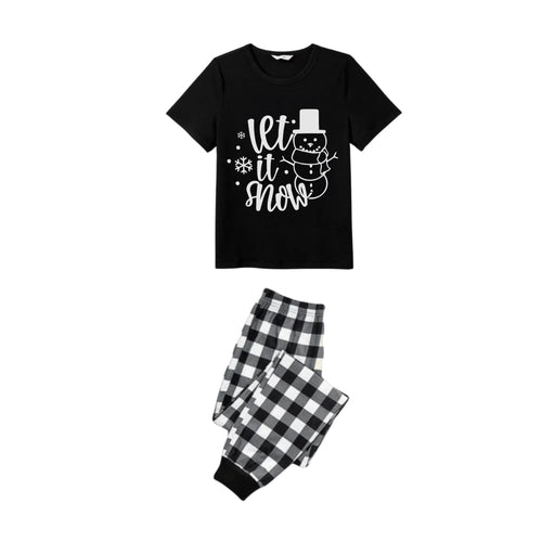 Drune | Schwarz und Weiß Karierte Kurzarm Weihnachten Schlafanzug Set mit Schneemann und Slogan Designs