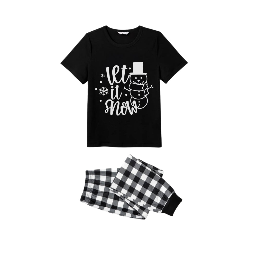 Drune | Schwarz und Weiß Karierte Kurzarm Weihnachten Schlafanzug Set mit Schneemann und Slogan Designs