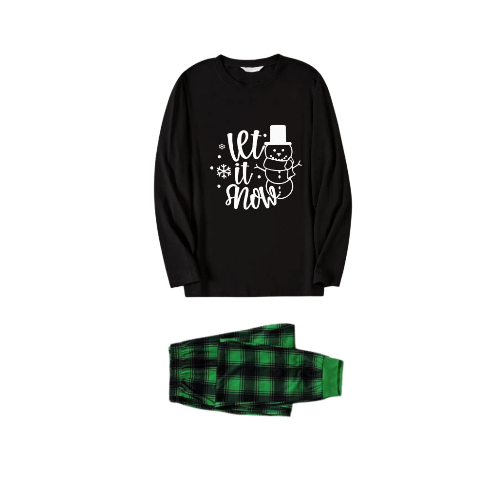 Drune | Weihnachtsfamilien-Pyjamas - Schwarzes Oberteil und grüne Karohose Pj-Set mit Schneemann und Weihnachts-Slogan-Druck