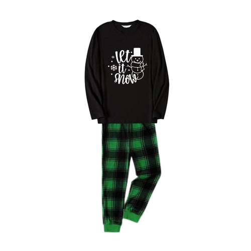 Drune | Weihnachtsfamilien-Pyjamas - Schwarzes Oberteil und grüne Karohose Pj-Set mit Schneemann und Weihnachts-Slogan-Druck