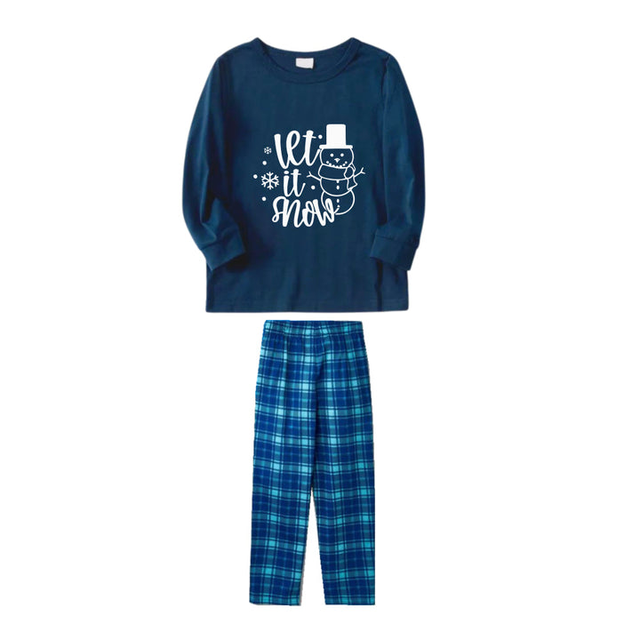 Drune | Weihnachtsfamilien-Pyjama-Set in Navy & Himmelblau Karomuster mit "Lass es schneien" und Schneemann-Cartoon-Druck