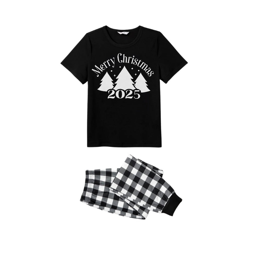 Drune | Schwarz-weiß karierter Kurzarm-Weihnachtsschlafanzug mit Weihnachtsbaum- und Slogan-Designs