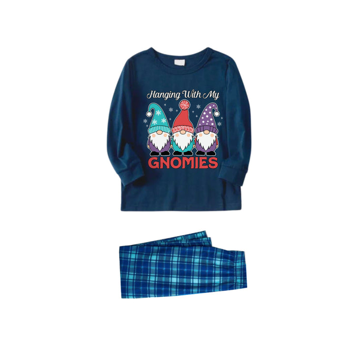 Drune | Weihnachtsfamilien-Matching-Pajamas-Navy & Himmelblau Karierter Pyjama-Set mit "Hänge mit meinen Gnomen" und Gnom Zeichentrickdruck