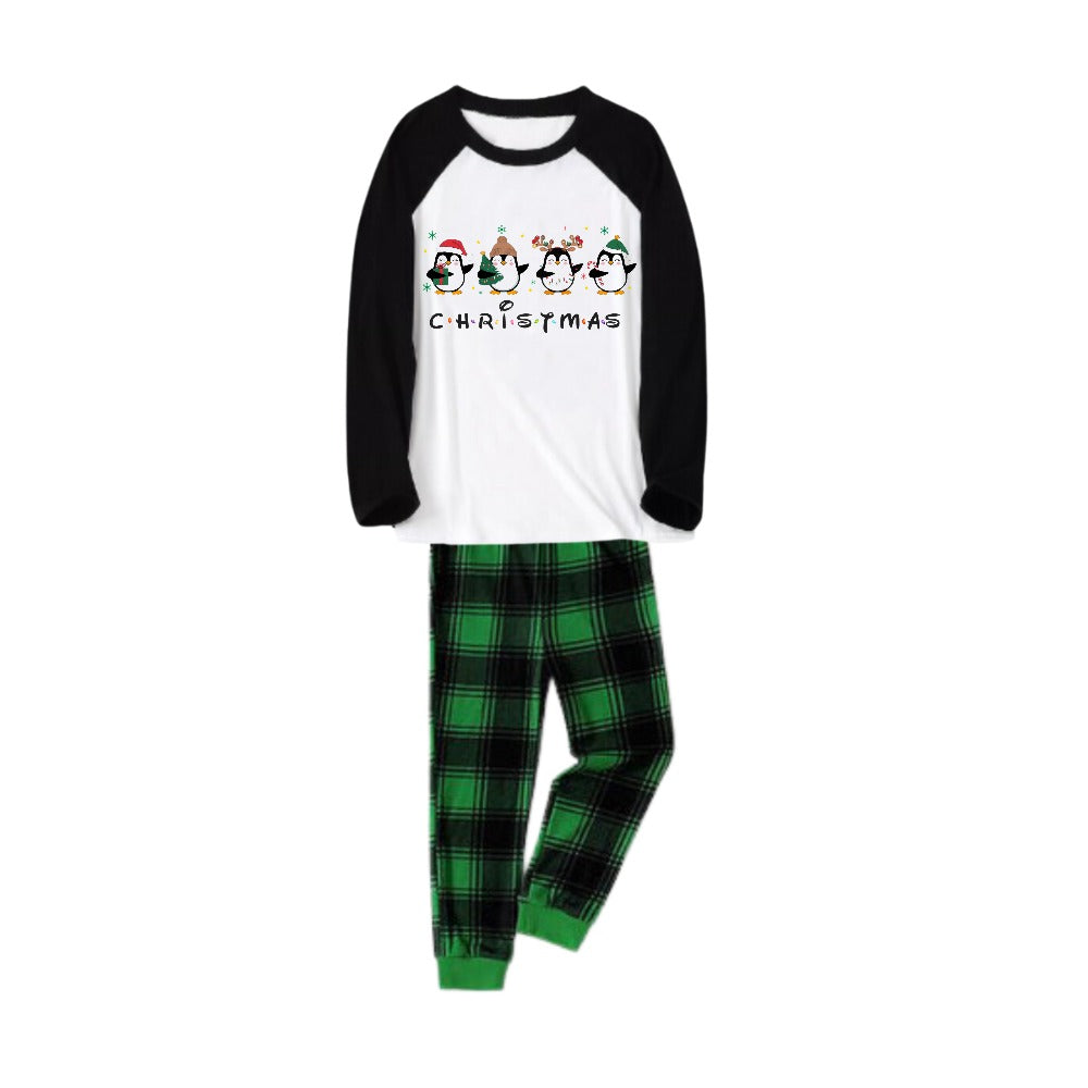 Drune | Schwarzes Raglan-Top Grünes Karomuster Weihnachts-Pyjama-Set Mit Pinguin-Druck