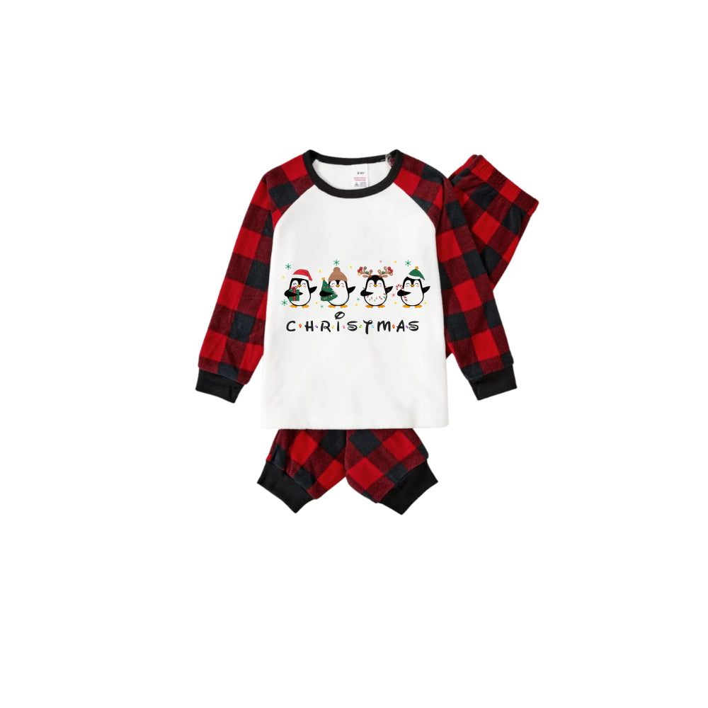 Drune | Rote und schwarze Karierte Weihnachts-Pyjama-Set mit Weihnachts-Pinguin Cartoon-Druck