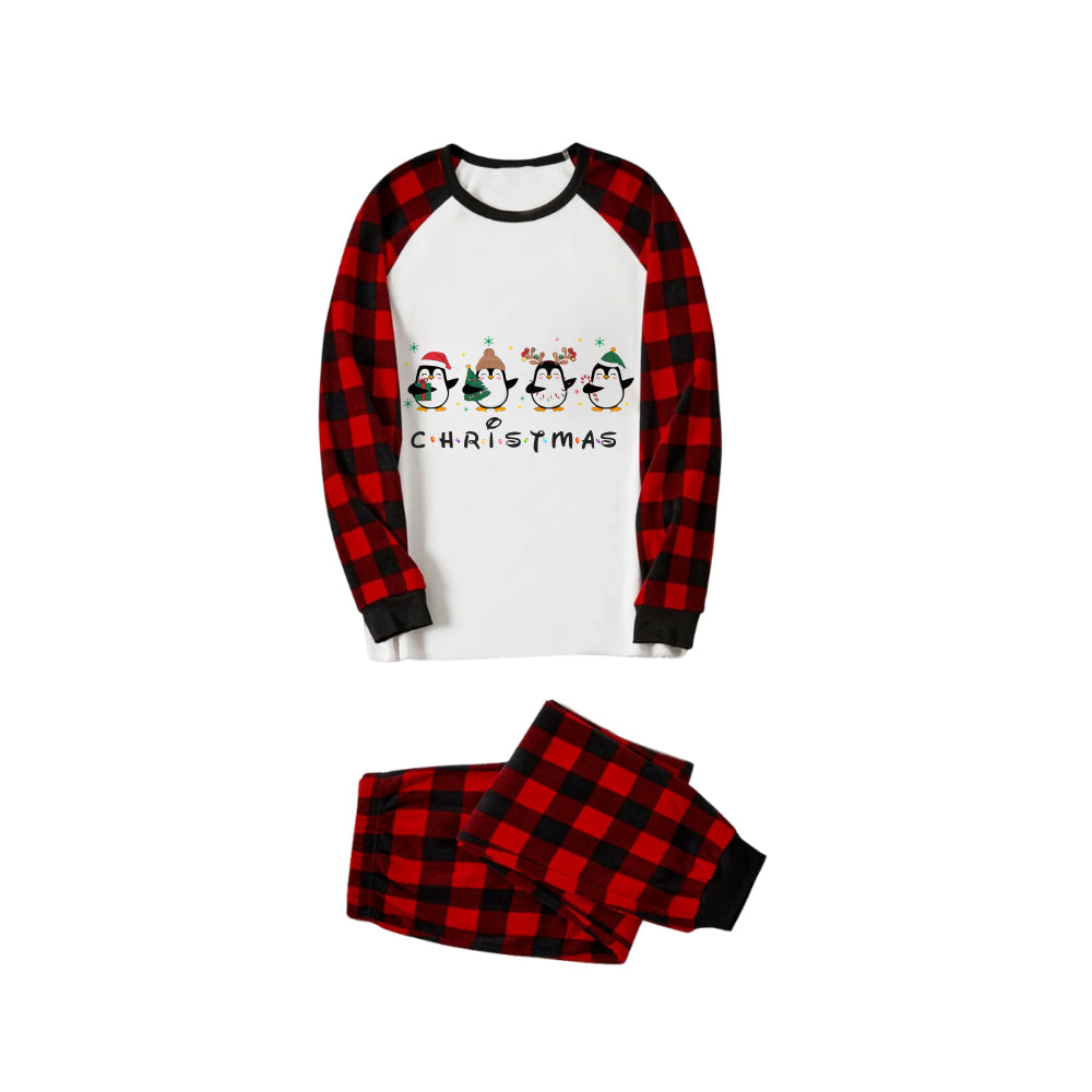 Drune | Rote und schwarze Karierte Weihnachts-Pyjama-Set mit Weihnachts-Pinguin Cartoon-Druck