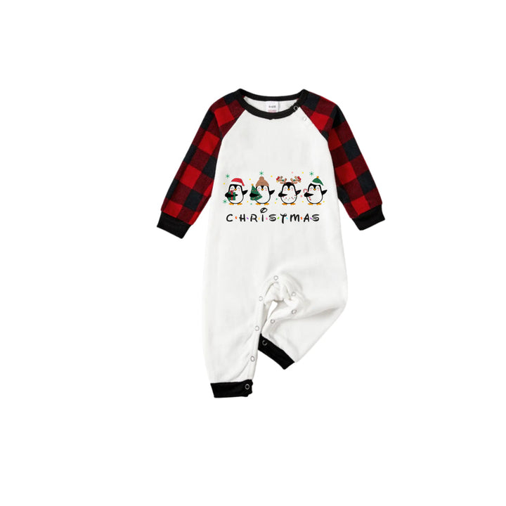 Drune | Rote und schwarze Karierte Weihnachts-Pyjama-Set mit Weihnachts-Pinguin Cartoon-Druck