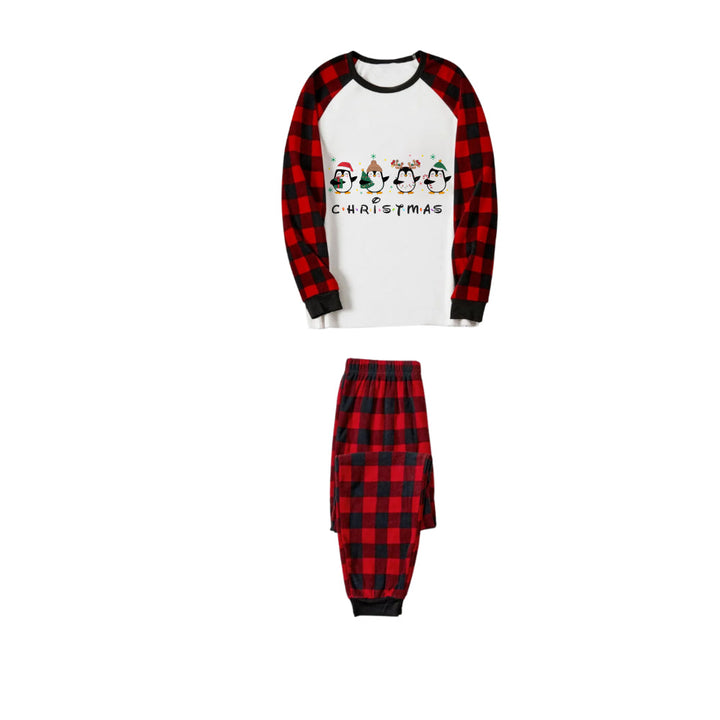 Drune | Rote und schwarze Karierte Weihnachts-Pyjama-Set mit Weihnachts-Pinguin Cartoon-Druck
