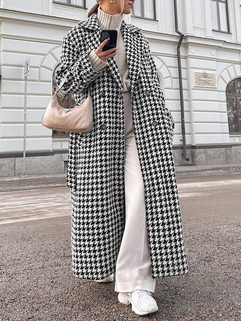 Drune | Hahnentritt Langmantel Elegante Übergröße Winteroberbekleidung