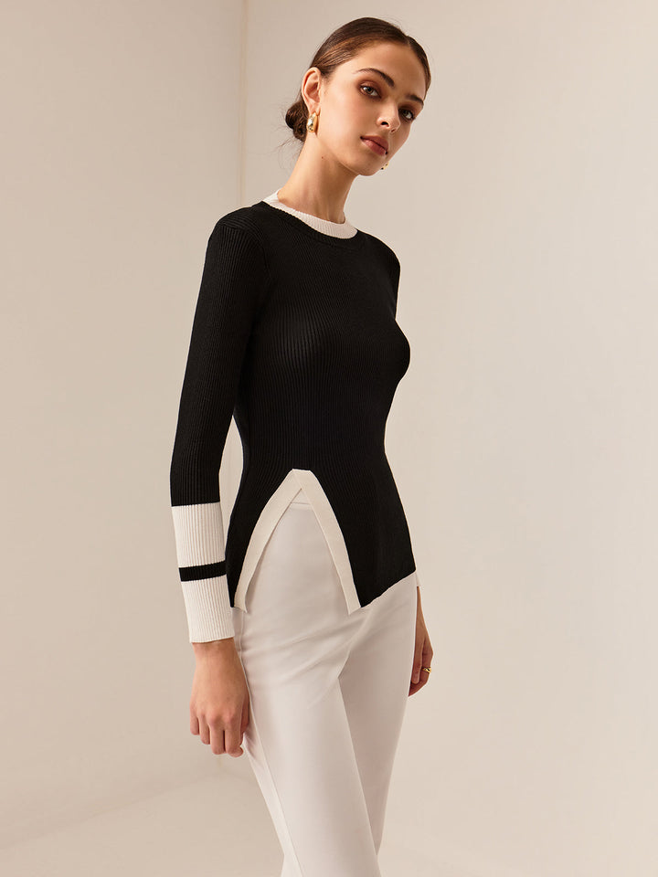 Drune | Rippstrickbluse Kontrastelemente Modern und Elegant